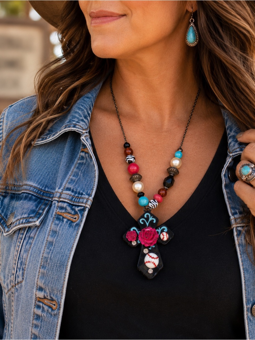 Baseball Cross Statement Necklace Western Pink Turquoise Beaded Floral